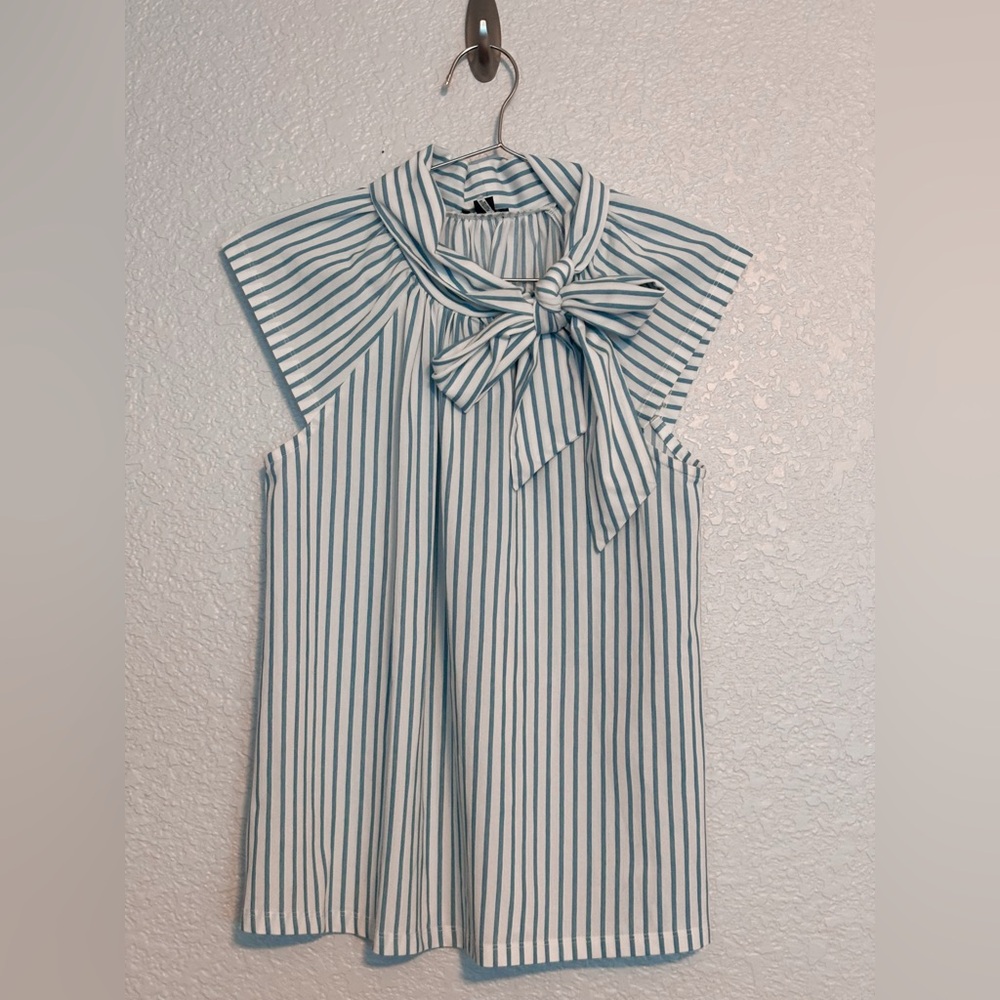Ann Taylor Blue and White Striped Bow Blouse